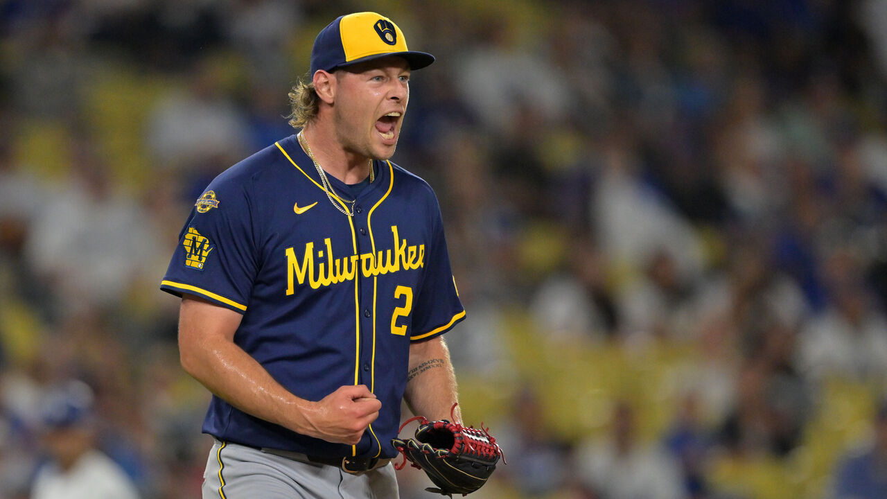 LOS ANGELES, CALIFORNIA - JULY 18: Trevor Megill #29 of the Milwaukee Brewers reacts after the final out of the ninth inning, earning a save, against the Los Angeles Dodgers at Dodger Stadium on July 18, 2025 in Los Angeles, California.