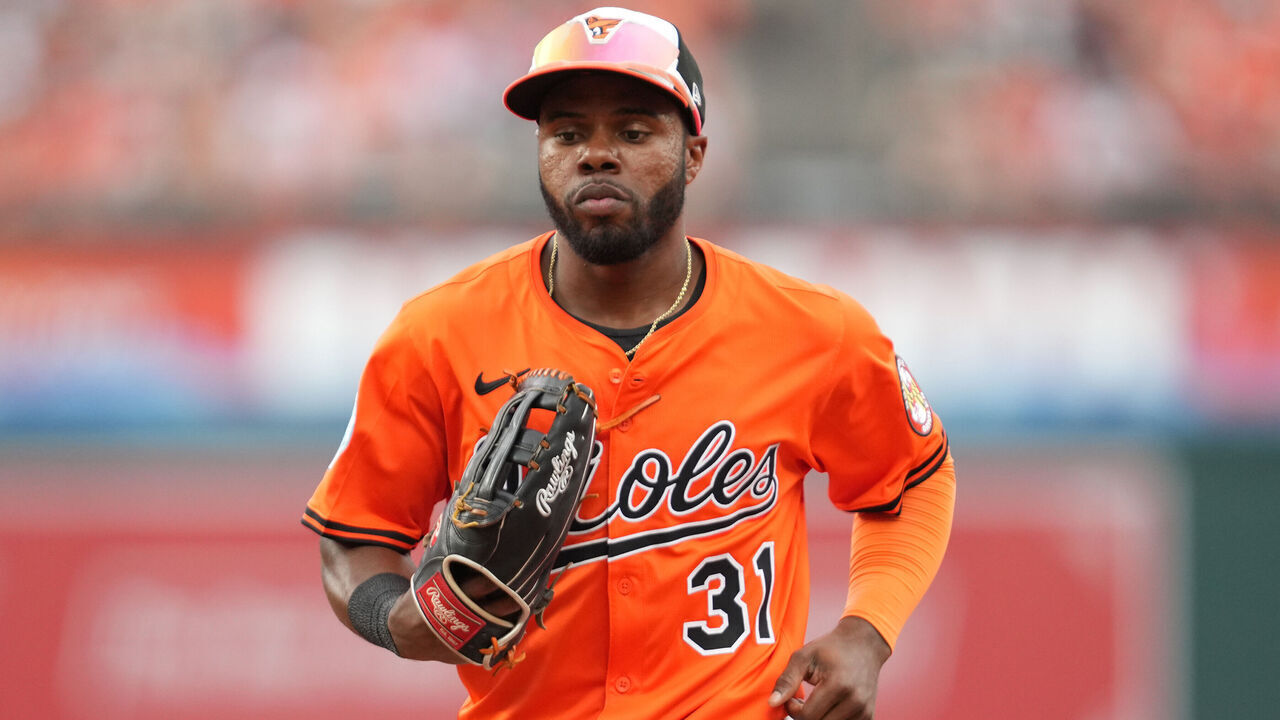 BALTIMORE, MD - JULY 12: Cedric Mullins #31 of the Baltimore Orioles runs to dug out between inning during a baseball game against the Miami Marlins at Oriole Park at Camden Yards on July 12, 2025 in Baltimore, Maryland.
