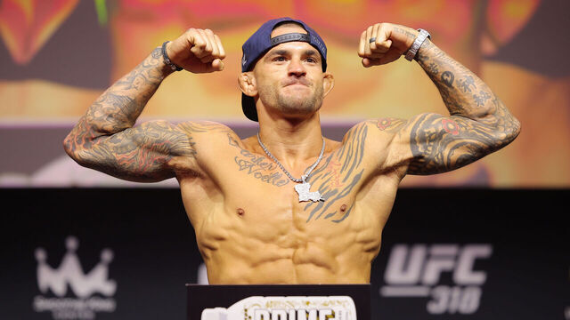NEW ORLEANS, LOUISIANA - JULY 18: Dustin Poirier poses on the scale during the UFC 318 ceremonial weigh-ins at Smoothie King Center on July 18, 2025 in New Orleans, Louisiana.