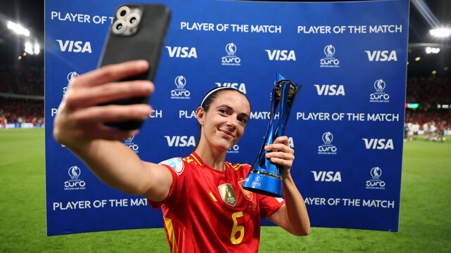 BERN, SWITZERLAND - JULY 18: Aitana Bonmati of Spain poses for a selfie with her VISA Player of the Match trophy after the UEFA Women's EURO 2025 Quarter-Final match between Spain v Switzerland at Stadion Wankdorf on July 18, 2025 in Bern, Switzerland.