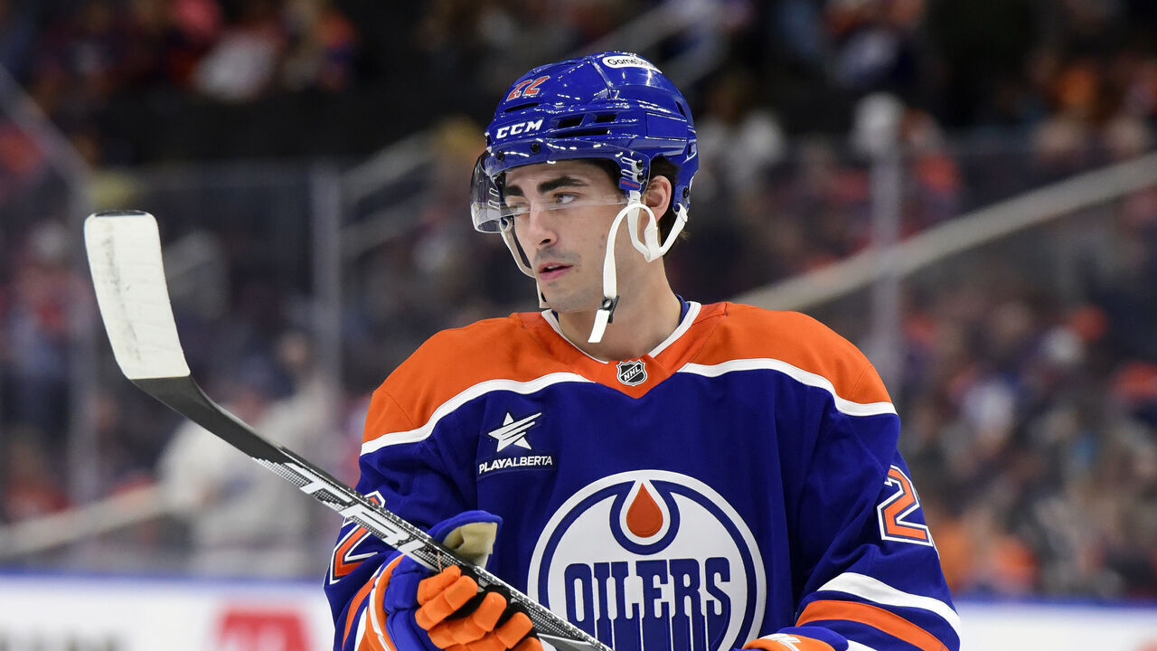 EDMONTON, CANADA - SEPTEMBER 22: Matt Savoie #22 of the Edmonton Oilers warms up prior to the preseason game against the Winnipeg Jets at Rogers Place on September 22, 2024, in Edmonton, Alberta, Canada.