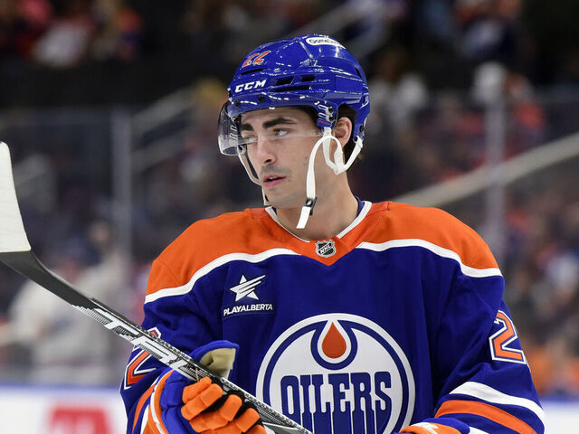 EDMONTON, CANADA - SEPTEMBER 22: Matt Savoie #22 of the Edmonton Oilers warms up prior to the preseason game against the Winnipeg Jets at Rogers Place on September 22, 2024, in Edmonton, Alberta, Canada.