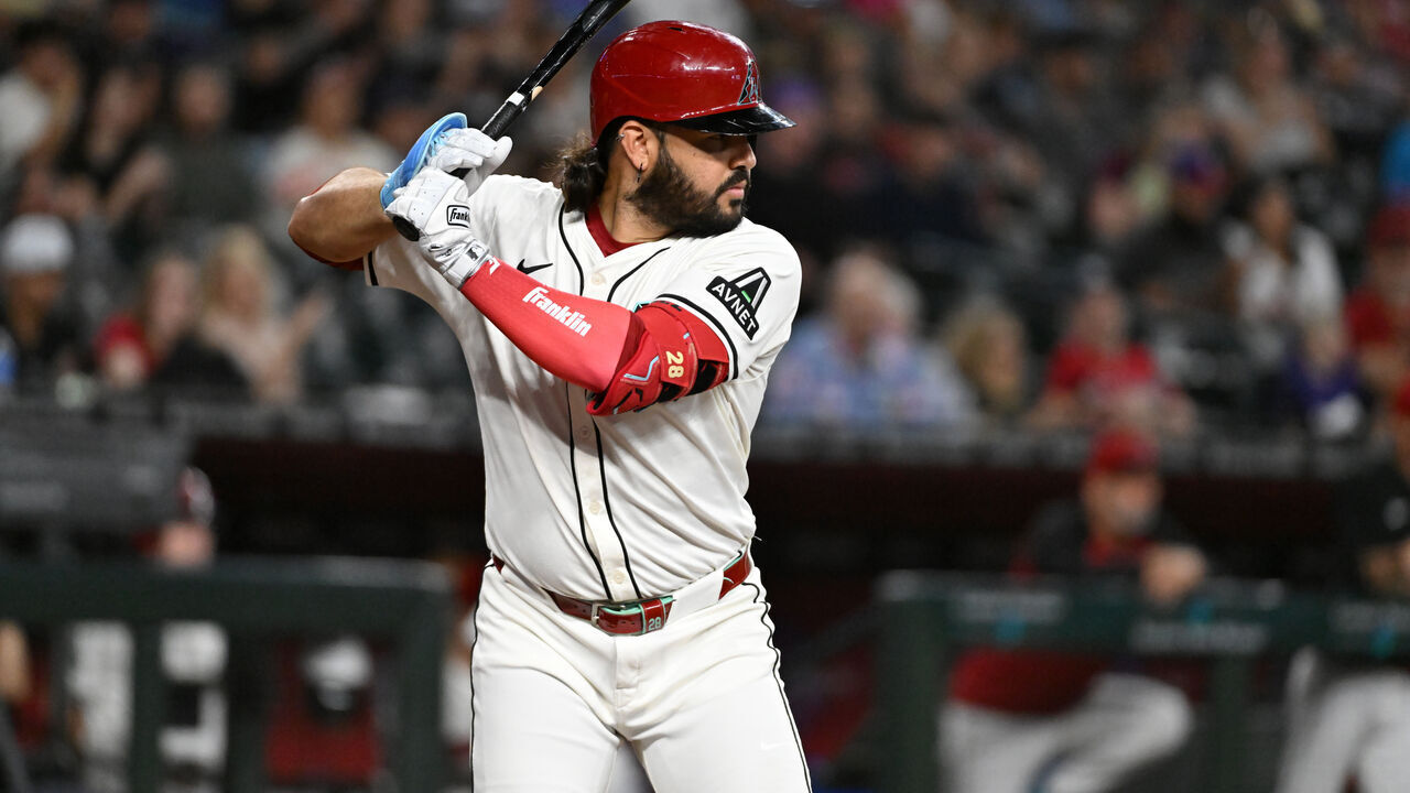 PHOENIX, ARIZONA - JUNE 28: Eugenio Suarez #28 of the Arizona Diamondbacks gets ready in the batters box against the Miami Marlins at Chase Field on June 28, 2025 in Phoenix, Arizona.
