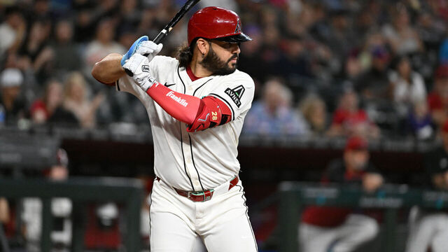 PHOENIX, ARIZONA - JUNE 28: Eugenio Suarez #28 of the Arizona Diamondbacks gets ready in the batters box against the Miami Marlins at Chase Field on June 28, 2025 in Phoenix, Arizona.