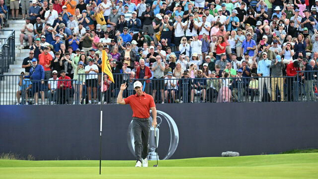 Northern Ireland's Rory McIlroy reacts to making a eagle putt on the 12th green on day three of the 153rd Open Championship at Royal Portrush golf club in Northern Ireland on July 19, 2025.