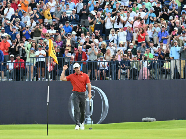 Northern Ireland's Rory McIlroy reacts to making a eagle putt on the 12th green on day three of the 153rd Open Championship at Royal Portrush golf club in Northern Ireland on July 19, 2025.