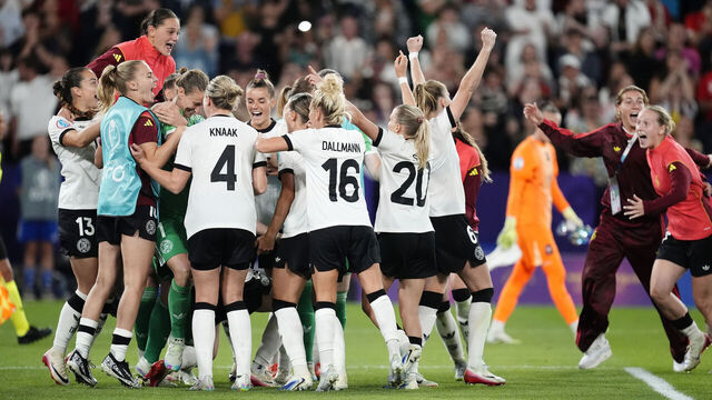 Germany players celebrate after winning the penalty shoot-out during the UEFA Women's Euro 2025 quarter-final match at St. Jakob-Park in Basel, Switzerland. Picture date: Saturday July 19, 2025.