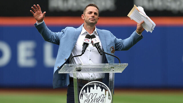 NEW YORK, NEW YORK - JULY 19: Former New York Mets player David Wright gestures as he speaks during his number retirement ceremony before the game between the New York Mets and Cincinnati Reds at Citi Field on July 19, 2025 in the Queens borough of New York City.