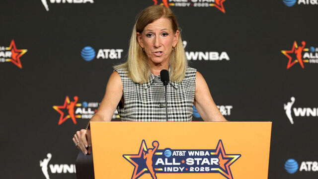 INDIANAPOLIS, INDIANA - JULY 19: WNBA Commissioner Cathy Engelbert speaks to the media prior to the 2025 AT&T WNBA All-Star Game at Gainbridge Fieldhouse on July 19, 2025 in Indianapolis, Indiana.