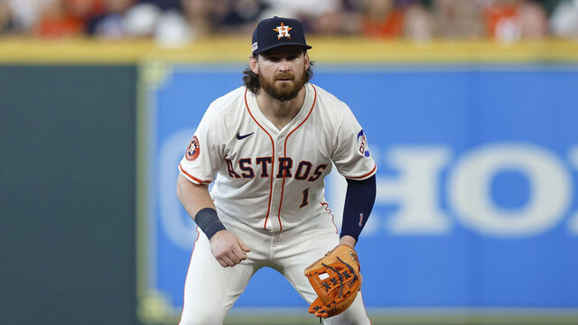 HOUSTON, TEXAS - JUNE 14: Brendan Rodgers #1 of the Houston Astros in defensive position at second base in the second inning during a game against the Minnesota Twins at Daikin Park on June 14, 2025 in Houston, Texas.