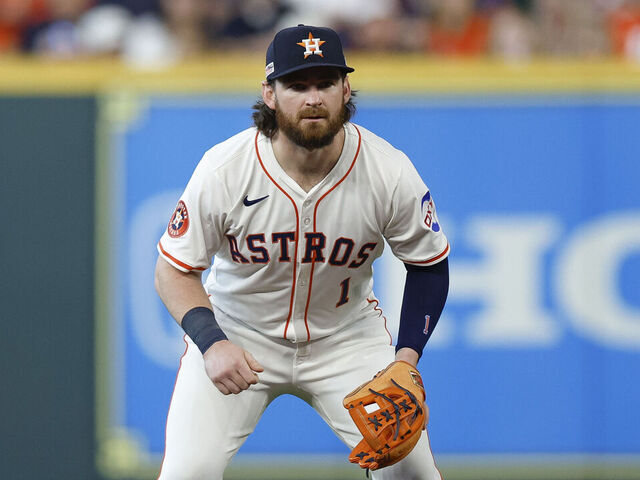 HOUSTON, TEXAS - JUNE 14: Brendan Rodgers #1 of the Houston Astros in defensive position at second base in the second inning during a game against the Minnesota Twins at Daikin Park on June 14, 2025 in Houston, Texas.