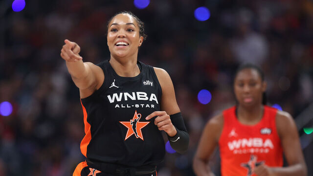 INDIANAPOLIS, INDIANA - JULY 19: Napheesa Collier #24 of the Minnesota Lynx reacts during the first half of the 2025 AT&T WNBA All-Star Game at Gainbridge Fieldhouse on July 19, 2025 in Indianapolis, Indiana.