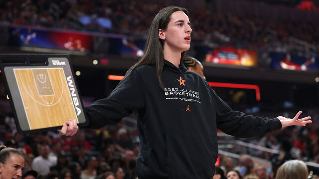 INDIANAPOLIS, INDIANA - JULY 19: Caitlin Clark #22 of the Indiana Fever reacts during the first quarter of the 2025 AT&T WNBA All-Star Game at Gainbridge Fieldhouse on July 19, 2025 in Indianapolis, Indiana.