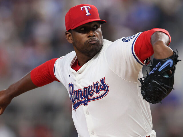 ARLINGTON, TEXAS - JULY 19: Kumar Rocker #80 of the Texas Rangers pitches during the first inning against the Detroit Tigers at Globe Life Field on July 19, 2025 in Arlington, Texas.