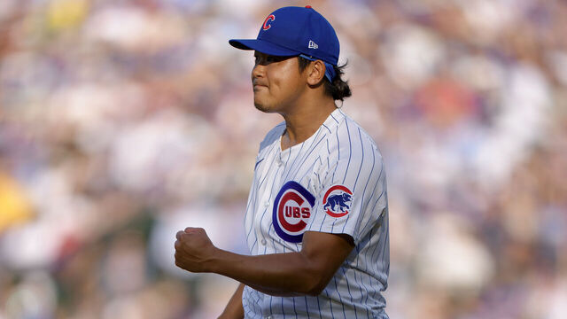 CHICAGO, ILLINOIS - JULY 19: Shota Imanaga #18 of the Chicago Cubs reacts in the top of the first inning inning of a game against the Boston Red Sox at Wrigley Field on July 19, 2025 in Chicago, Illinois.