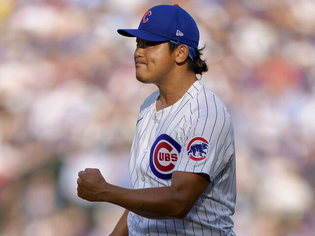 CHICAGO, ILLINOIS - JULY 19: Shota Imanaga #18 of the Chicago Cubs reacts in the top of the first inning inning of a game against the Boston Red Sox at Wrigley Field on July 19, 2025 in Chicago, Illinois.