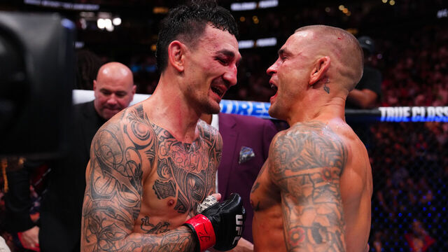 NEW ORLEANS, LOUISIANA - JULY 19: Max Holloway and Dustin Poirier talk after the BMF championship bout during the UFC 318 event at Smoothie King Center on July 19, 2025 in New Orleans, Louisiana.