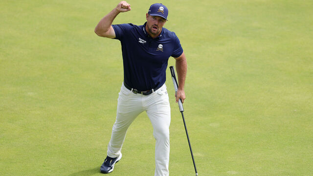PORTRUSH, NORTHERN IRELAND - JULY 20: Bryson DeChambeau of the United States celebrates on the 18th green during day four of The 153rd Open Championship at Royal Portrush Golf Club on July 20, 2025 in Portrush, Northern Ireland.