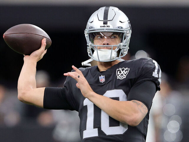 LAS VEGAS, NEVADA - DECEMBER 22: Desmond Ridder #10 of the Las Vegas Raiders warms up before the game against the Jacksonville Jaguars at Allegiant Stadium on December 22, 2024 in Las Vegas, Nevada.