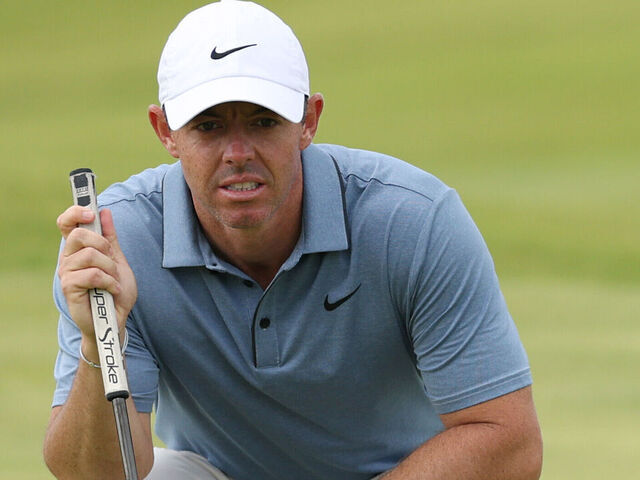 PORTRUSH, NORTHERN IRELAND - JULY 20: Rory McIlroy of Northern Ireland lines up a putt on the ninth green during day four of The 153rd Open Championship at Royal Portrush Golf Club on July 20, 2025 in Portrush, Northern Ireland.