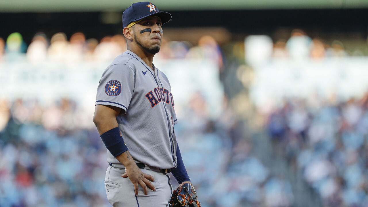 SEATTLE, WASHINGTON - JULY 18: Isaac Paredes #15 of the Houston Astros looks on during the game against the Seattle Mariners at T-Mobile Park on July 18, 2025 in Seattle, Washington. The Seattle Mariners won 6-1.