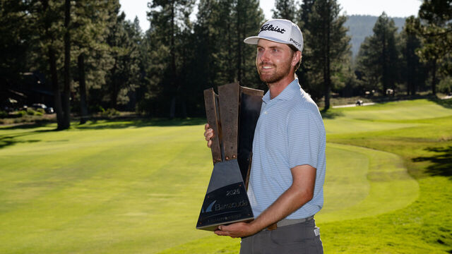 TRUCKEE, CALIFORNIA - JULY 20: Ryan Gerard of the United States poses with the Barracuda trophy after winning the Barracuda Championship 2025 at Tahoe Mountain Club on July 20, 2025 in Truckee, California.