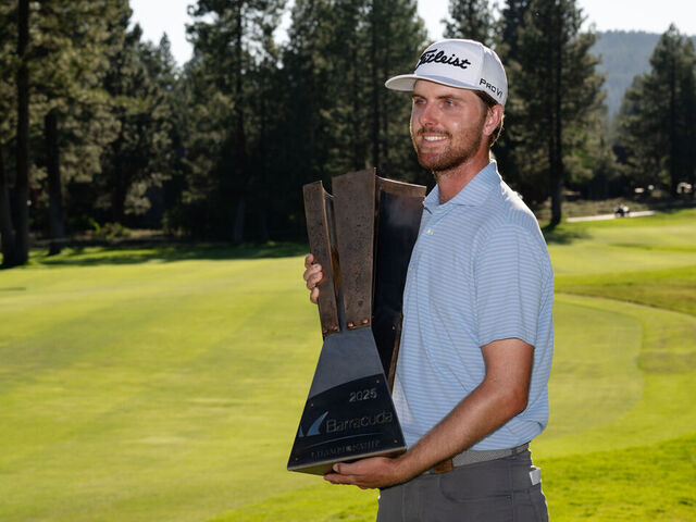 TRUCKEE, CALIFORNIA - JULY 20: Ryan Gerard of the United States poses with the Barracuda trophy after winning the Barracuda Championship 2025 at Tahoe Mountain Club on July 20, 2025 in Truckee, California.