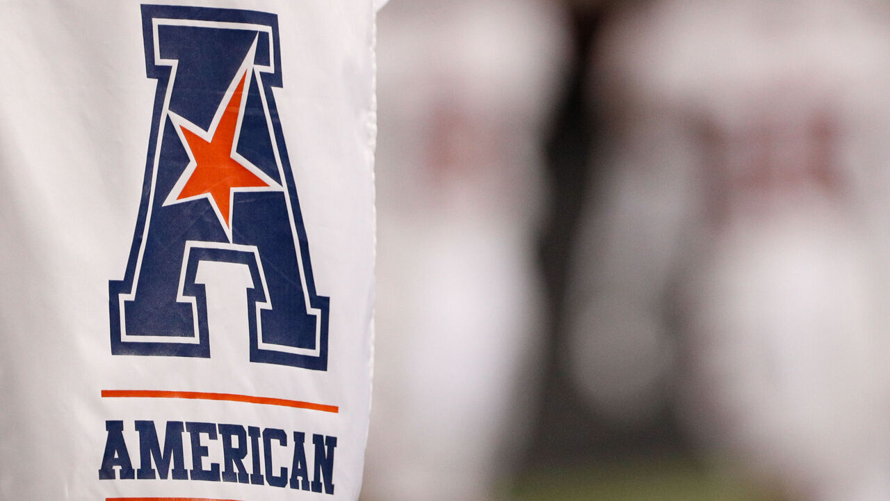 CINCINNATI, OH - OCTOBER 08: An American Athletic Conference logo hangs during the game against the Temple Owls and the Cincinnati Bearcats on October 8, 2021, at Nippert Stadium in Cincinnati, OH.