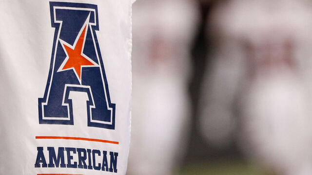 CINCINNATI, OH - OCTOBER 08: An American Athletic Conference logo hangs during the game against the Temple Owls and the Cincinnati Bearcats on October 8, 2021, at Nippert Stadium in Cincinnati, OH.