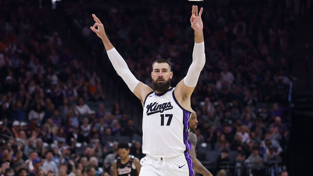SACRAMENTO, CALIFORNIA - MARCH 27: Jonas Valanciunas #17 of the Sacramento Kings reacts after a basket in the first quarter against the Portland Trail Blazers at Golden 1 Center on March 27, 2025 in Sacramento, California.