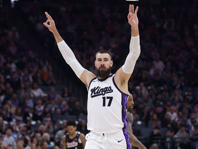 SACRAMENTO, CALIFORNIA - MARCH 27: Jonas Valanciunas #17 of the Sacramento Kings reacts after a basket in the first quarter against the Portland Trail Blazers at Golden 1 Center on March 27, 2025 in Sacramento, California.