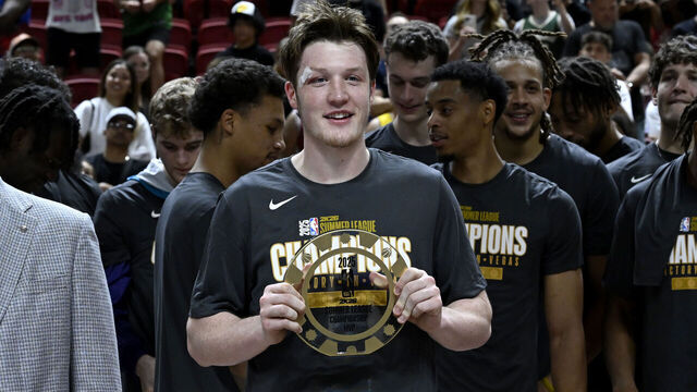 LAS VEGAS, NEVADA - JULY 20: Kon Knueppel was named the Summer League championship game MVP as Charlotte Hornets team wins the championship game of NBA 2K26 Summer League against Sacramento Kings at Thomas & Mack Center in Las Vegas, Nevada, United States on July 20, 2025.