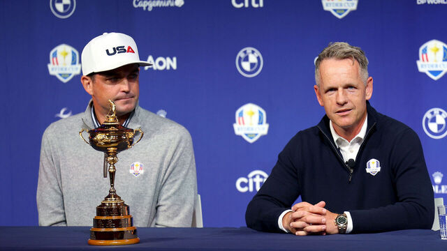 NEW YORK, NEW YORK - OCTOBER 08: Keegan Bradley of The United States and Luke Donald of England speak at a press conference during the Ryder Cup 2024 Year to Go Media Event at The Times Center on October 08, 2024 in New York, New York.