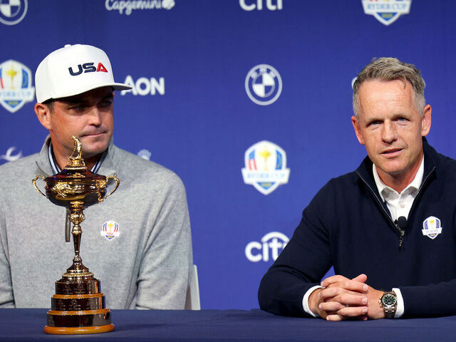 NEW YORK, NEW YORK - OCTOBER 08: Keegan Bradley of The United States and Luke Donald of England speak at a press conference during the Ryder Cup 2024 Year to Go Media Event at The Times Center on October 08, 2024 in New York, New York.