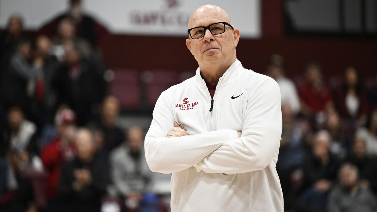 SANTA CLARA, CALIFORNIA - FEBRUARY 25: Head coach Herb Sendek of the Santa Clara Broncos looks on before their game against the Gonzaga Bulldogs at Leavey Center on February 25, 2025 in Santa Clara, California.