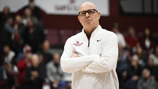 SANTA CLARA, CALIFORNIA - FEBRUARY 25: Head coach Herb Sendek of the Santa Clara Broncos looks on before their game against the Gonzaga Bulldogs at Leavey Center on February 25, 2025 in Santa Clara, California.