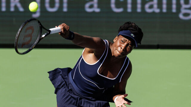 INDIAN WELLS, CALIFORNIA - MARCH 07: Venus Williams of the United States serves against Nao Hibino of Japan in the first round of the BNP Paribas Open at Indian Wells Tennis Garden on March 07, 2024 in Indian Wells, California.