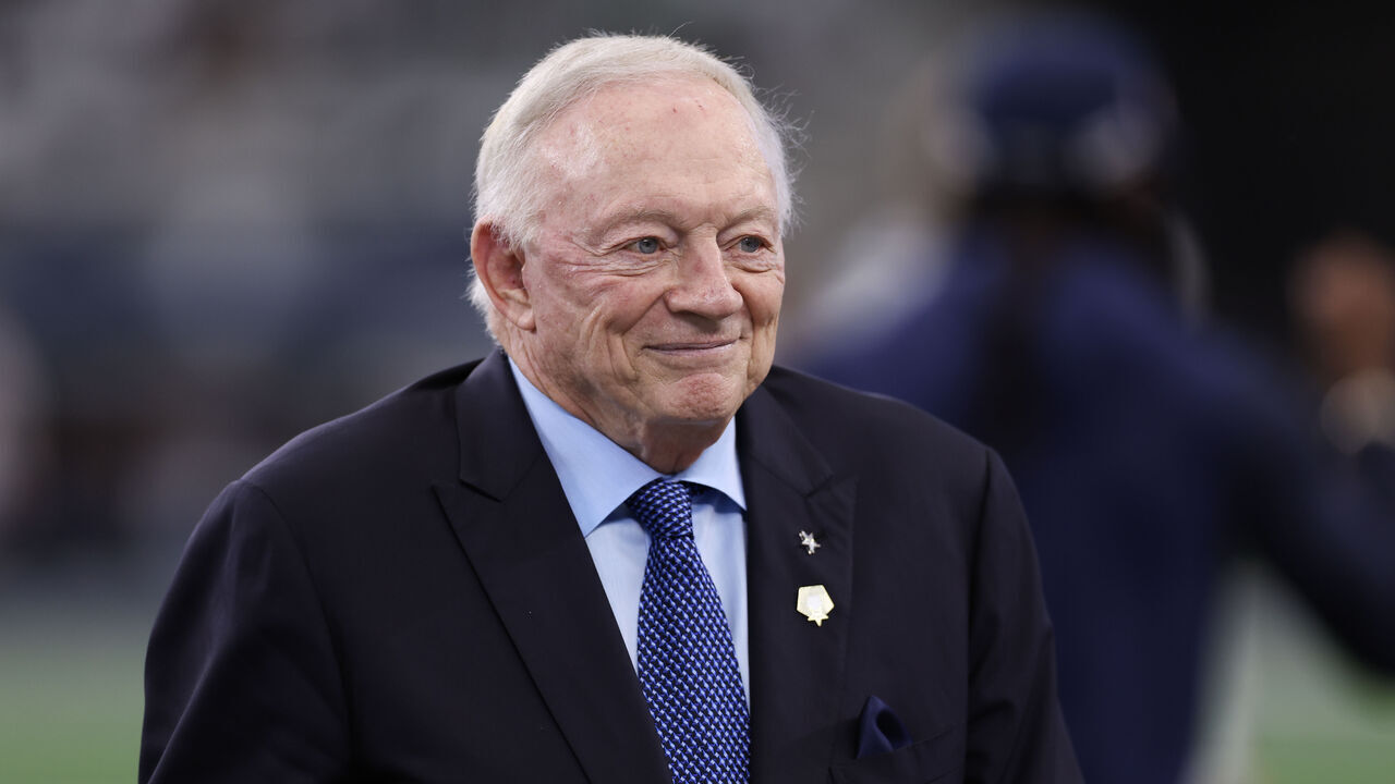 ARLINGTON, TEXAS - NOVEMBER 10: Dallas Cowboys owner Jerry Jones walks the field prior to the game against the Philadelphia Eagles at AT&T Stadium on November 10, 2024 in Arlington, Texas.