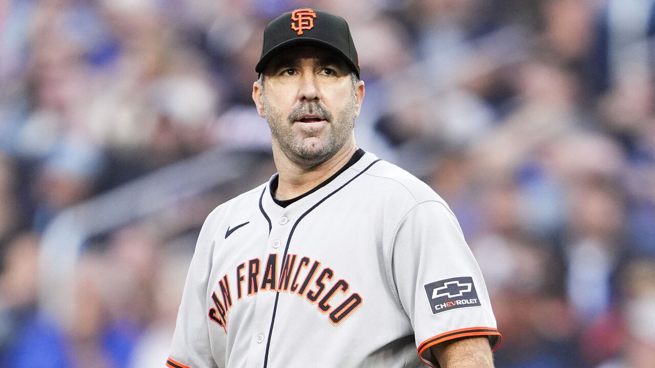 TORONTO, ON - JULY 18: Justin Verlander #35 of the San Francisco Giants looks on against the Toronto Blue Jays during the first inning in their MLB game at Rogers Centre on July 18, 2025 in Toronto, Ontario, Canada.