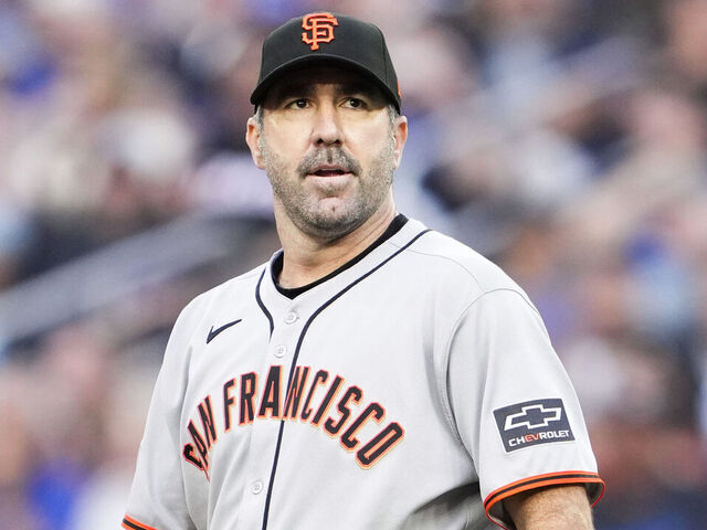 TORONTO, ON - JULY 18: Justin Verlander #35 of the San Francisco Giants looks on against the Toronto Blue Jays during the first inning in their MLB game at Rogers Centre on July 18, 2025 in Toronto, Ontario, Canada.