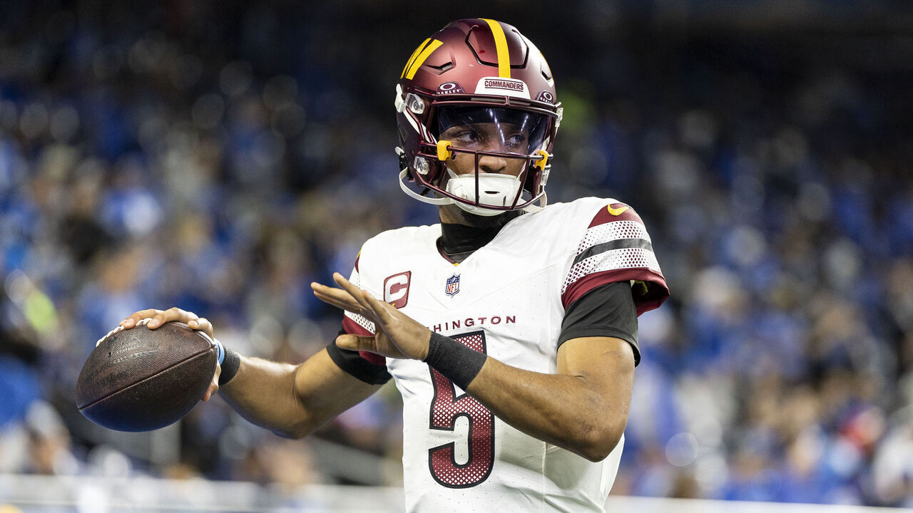 DETROIT, MICHIGAN - JANUARY 18: Jayden Daniels #5 of the Washington Commanders looks to pass prior to an NFL Football game against the Detroit Lions at Ford Field on January 18, 2025 in Detroit, Michigan.