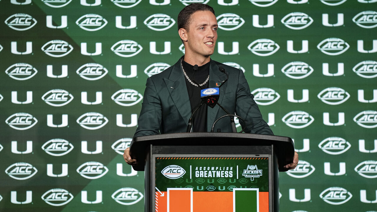 CHARLOTTE, NORTH CAROLINA - JULY 22: Quarterback Carson Beck #11 of the Miami Hurricanes speaks during the ACC Football Kickoff at Hilton Charlotte Uptown on July 22, 2025 in Charlotte, North Carolina.