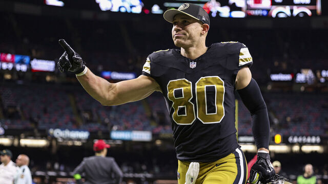 NEW ORLEANS, LA - DECEMBER 10: Jimmy Graham #80 of the New Orleans Saints celebrates after an NFL football game against the Carolina Panthers at Caesars Superdome on December 10, 2023 in New Orleans, LA.