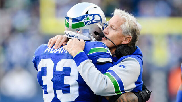 SEATTLE, WASHINGTON - OCTOBER 29: Head Coach Pete Carroll celebrates with Jamal Adams #33 of the Seattle Seahawks during the fourth quarter of the game against the Cleveland Browns at Lumen Field on October 29, 2023 in Seattle, Washington.