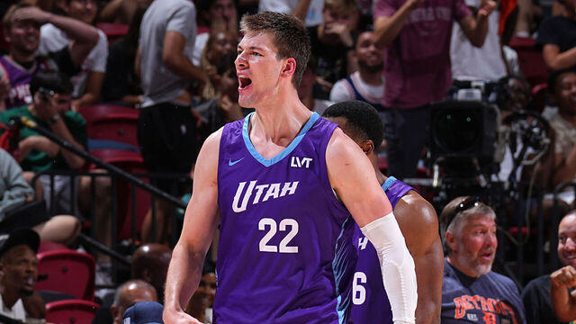 LAS VEGAS, NV - JULY 14: Kyle Filipowski #22 of the Utah Jazz celebrates during the game against the San Antonio Spurs during the 2025 NBA Summer League game on July 14, 2025 at the Thomas & Mack Center in Las Vegas, Nevada. Mandatory Copyright Notice: Copyright 2025 NBAE