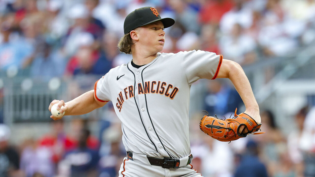 ATLANTA, GEORGIA - JULY 21: Hayden Birdsong #60 of the San Francisco Giants pitches during the first inning against the Atlanta Braves at Truist Park on July 21, 2025 in Atlanta, Georgia.