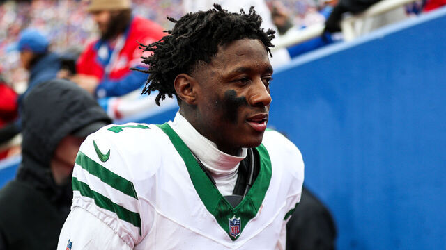 ORCHARD PARK, NEW YORK - DECEMBER 29: Sauce Gardner #1 of the New York Jets looks on during halftime against the Buffalo Bills at Highmark Stadium on December 29, 2024 in Orchard Park, New York.