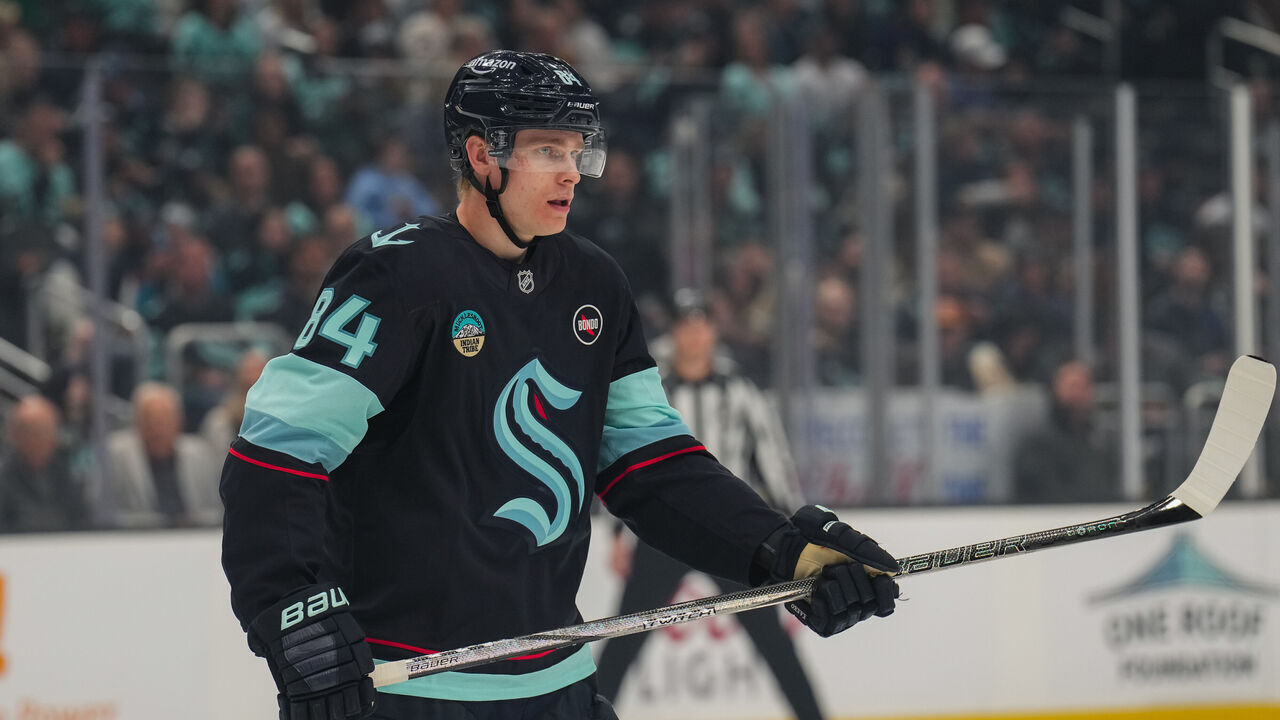 SEATTLE, WASHINGTON - APRIL 15: Kaapo Kakko #84 of the Seattle Kraken looks on during the first period of a game against the Los Angeles Kings at Climate Pledge Arena on April 15, 2025 in Seattle, Washington.