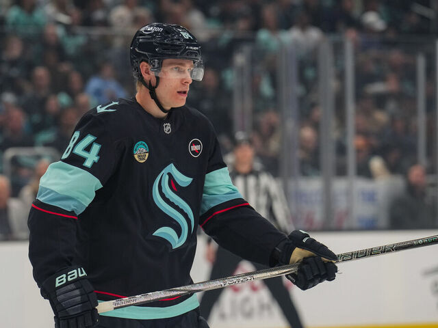 SEATTLE, WASHINGTON - APRIL 15: Kaapo Kakko #84 of the Seattle Kraken looks on during the first period of a game against the Los Angeles Kings at Climate Pledge Arena on April 15, 2025 in Seattle, Washington.