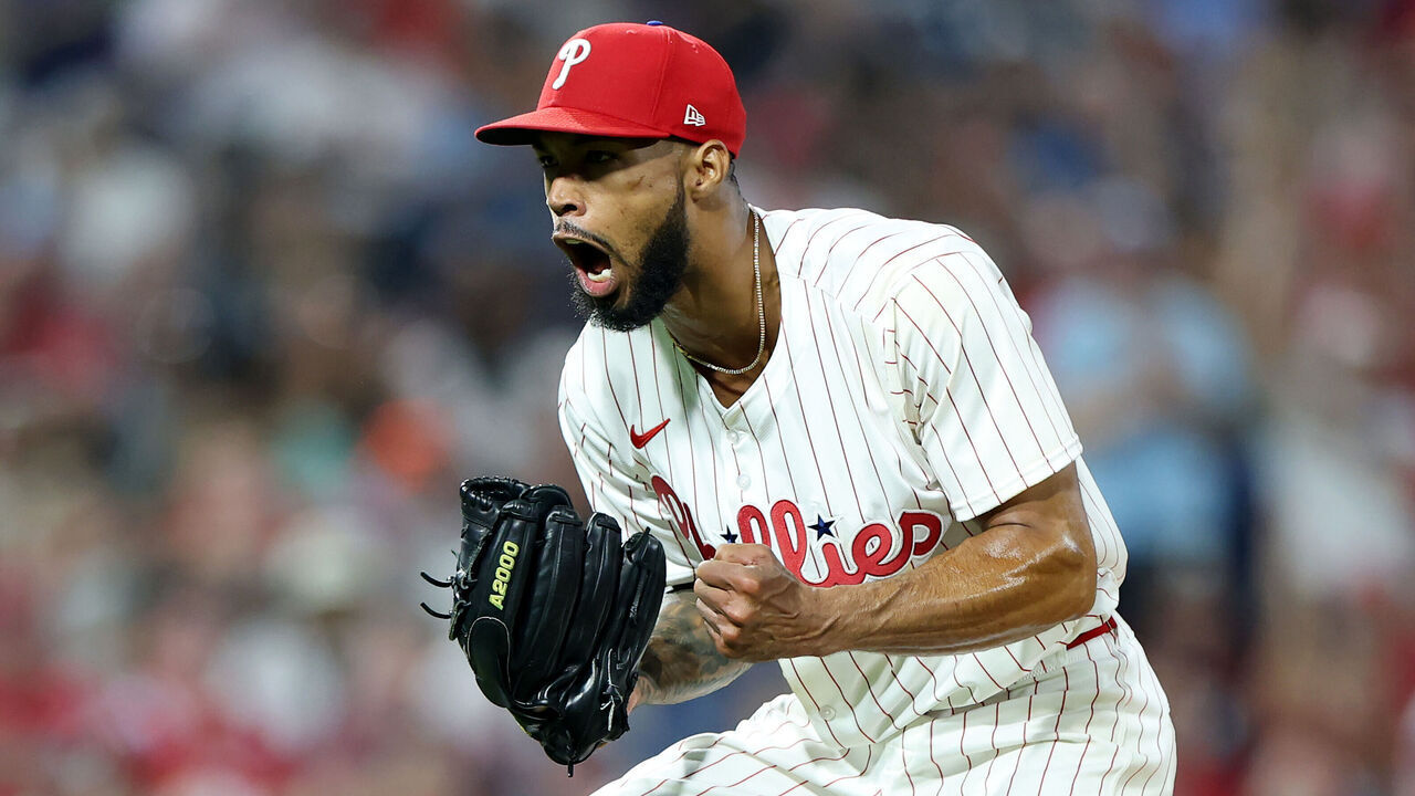 PHILADELPHIA, PENNSYLVANIA - JULY 22: Cristopher Sánchez #61 of the Philadelphia Phillies celebrates the third out of the eighth inning during a game against the Boston Red Sox at Citizens Bank Park on July 22, 2025 in Philadelphia, Pennsylvania.